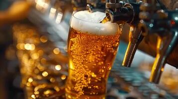 Golden beer is being poured into a glass with a foamy head, ready to be enjoyed. photo