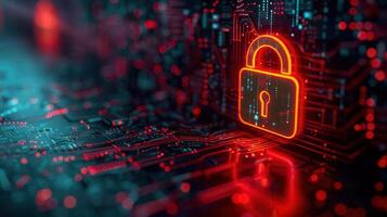 Glowing padlock icon on a motherboard represents the concept of network security. photo