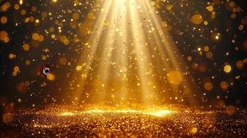 A stunning golden glitter background with bright light rays and sparkling particles falling down. photo
