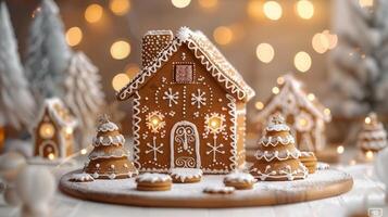A charming gingerbread house and trees with intricate icing details creating a festive Christmas scene. photo