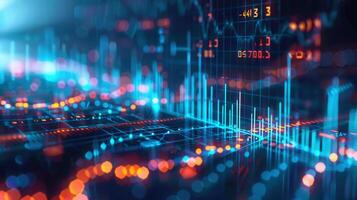 Abstract digital data visualization of financial markets, with charts, and graphs in blue and orange. photo