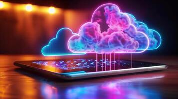 A glowing cloud hovers over a tablet, symbolizing data and technological advancements. photo