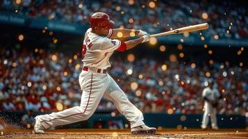 Baseball player in full swing at a baseball game, ready to hit the ball with the bat. photo