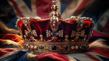 A stunning display of a jeweled crown set against a regal Union Jack flag background. photo