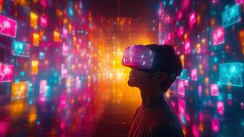 A person explores a vibrant virtual world while wearing a cutting-edge vr headset. photo