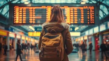 A woman observes the information board at a busy train station, ready for her next journey. photo