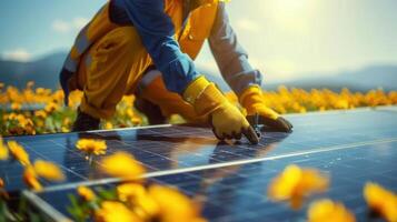 An engineer is installing solar panels in a beautiful field with yellow flowers under the sun. photo