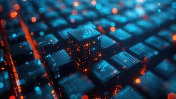 Intricate abstract illustration of a futuristic digital world with glowing cubes and bokeh effects. photo