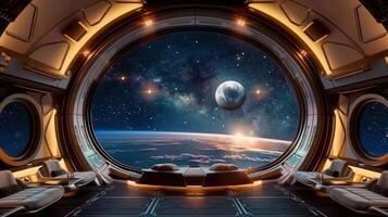 Inside a spaceship, a breathtaking cosmic vista unfolds, showing a planet, space, and glowing lights. photo