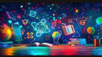 An eye-catching artistic representation of education featuring glowing symbols and floating books. photo