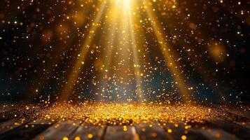 Warm golden light beams illuminate a glittering surface, creating a magical atmosphere. photo