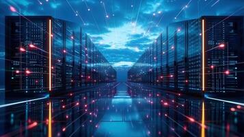 Elegant render of a server room, showcasing data transfer and a futuristic cloud computing concept. photo