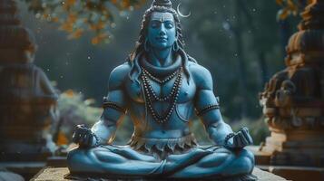 A beautifully detailed statue of lord Shiva in a meditative position, surrounded by nature. photo
