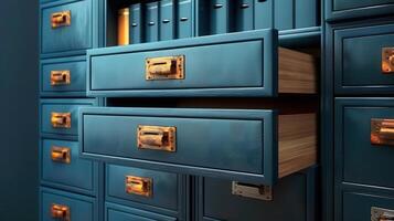 A classic blue filing cabinet with two drawers open, revealing the details of the interior. photo