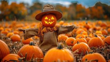 An illuminated jack-o'-lantern topped scarecrow surrounded by pumpkins on a bright autumn day. photo