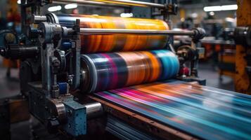 Printing machine in motion, producing vivid colors on the moving surface in a factory. photo