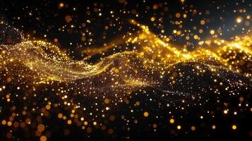 Abstract gold particles gracefully flow and sparkle against a dark, blurred background. photo