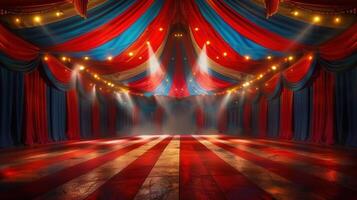 A captivating circus tent interior with vibrant red and blue stripes, ready for a show. photo