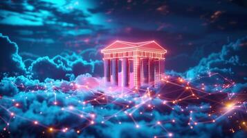 A glowing neon architectural structure floats in the cloudy sky, representing digital concepts. photo