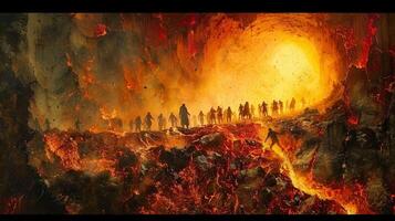 A haunting depiction shows figures walking across a fiery, volcanic landscape towards a bright, ominous light. photo