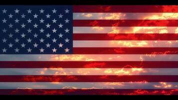 The american flag is blended with a dramatic sunset, symbolizing freedom and patriotism. photo