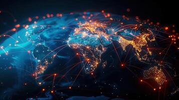 Illuminated network connections span across the globe, representing digital communications. photo