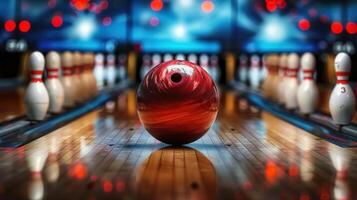 A bowling ball rolls down the lane toward pins, ready for a strike, capturing the game's essence. photo
