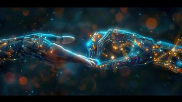 An artistic illustration of a robotic hand reaching out to a human hand for connection. photo