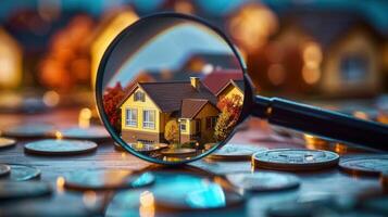 A magnifying glass focuses on a house model, symbolizing home investment and financial planning. photo