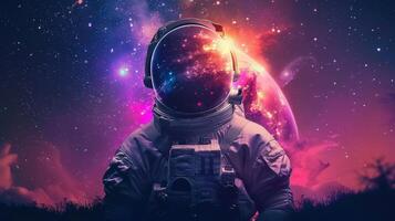 An astronaut contemplating the vastness of the cosmos, amidst a vibrant galaxy and stars. photo