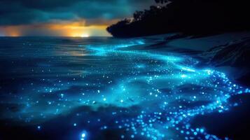 A serene coastal scene showcasing a glowing bioluminescent ocean at twilight, creating a magical atmosphere. photo