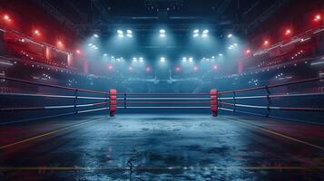 Dramatic view of an empty boxing ring with bright lights, ready for a championship fight in an arena. photo