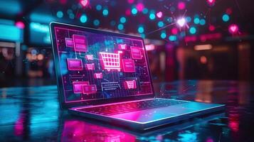 A laptop screen showcases an online shopping platform with glowing neon elements and a futuristic design. photo