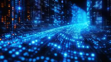 A dynamic illustration of a digital tunnel showcasing binary code and bright blue lights. photo