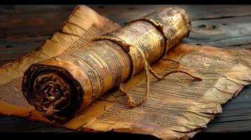 A close-up of an old parchment scroll and a page of text, tied with twine on wood. photo