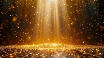 A radiant beam of light shines down on a scene of celebratory gold confetti and sparkle. photo