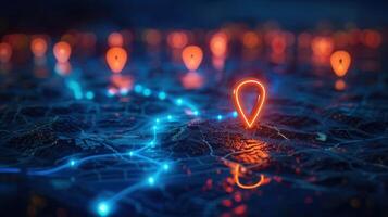 A futuristic digital map, illuminated with glowing location markers and interconnected pathways. photo