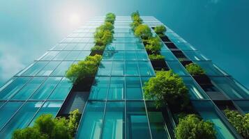 A modern skyscraper with lush green plants, symbolizing sustainable urban architecture. photo