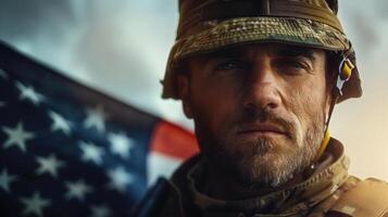 A determined soldier stands with the American flag, a symbol of national pride and service. photo