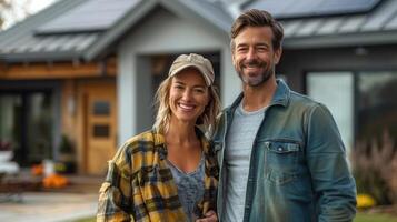 A smiling couple stands in front of a house with solar panels, radiating happiness together. photo
