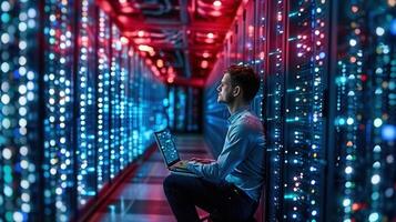A focused technician works on a laptop inside a cutting-edge data center environment. photo