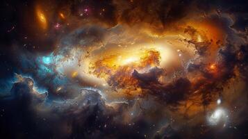 An enchanting view of a distant galaxy and nebulae, filled with celestial light and energy. photo