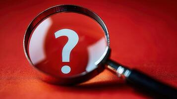 A magnifying glass focuses on a large question mark against a striking red backdrop, asking why photo