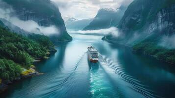 A majestic cruise ship sails through a breathtaking fjord surrounded by dramatic mountain scenery. photo