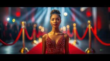 A woman in an elegant red dress poses beautifully on a red carpet at a gala event. photo