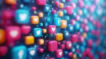 An abstract illustration of social media icons and heart symbols, floating in space. photo