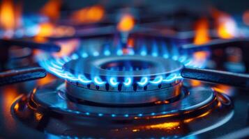 A close-up shot shows the intense blue flames of a gas stove burner. photo