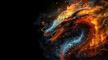 Intricate dragon breathes fire against a backdrop of a dark abyss, representing fantasy. photo