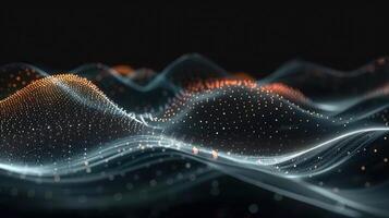 An abstract digital wave composed of glowing particles flowing across a dark background. photo