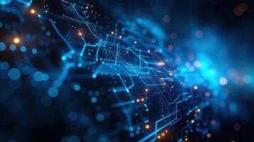 Futuristic abstract circuit board design with flowing lines, and blue and orange lights. photo